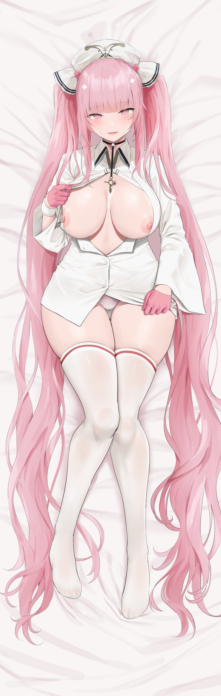 azur_lane big_breasts dakimakura dakimakura_design feet knees_together_feet_apart legs_together legwear long_hair nipple_slip nipples oekakizuki open_clothes perseus_(azur_lane) pink_eyes pink_hair smile smiling wide_hips