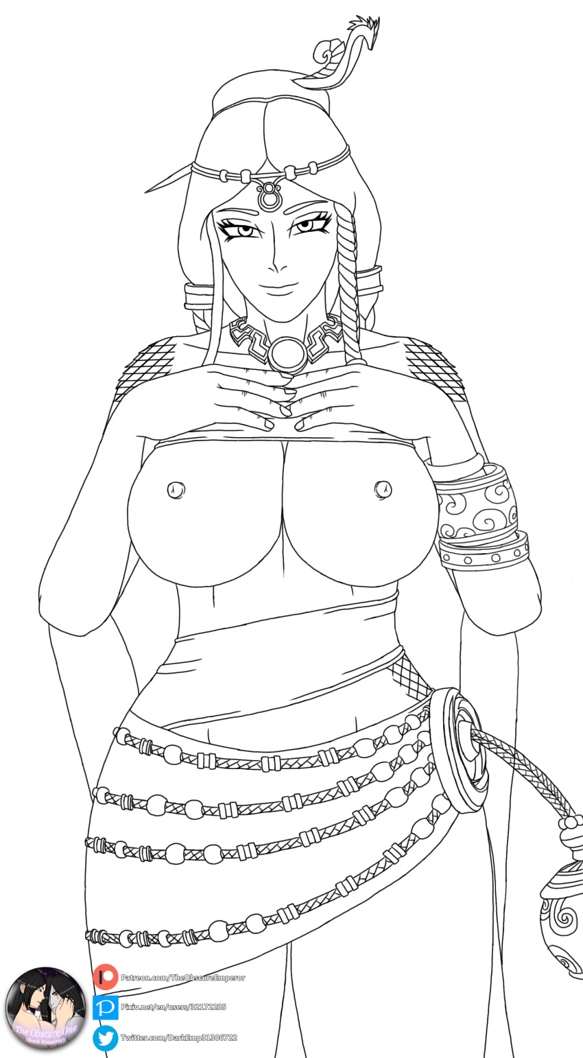 1girls breasts chinese_mythology female large_breasts monochrome nipples nu_wa_(smite) presenting presenting_breasts smite theobscureone wip