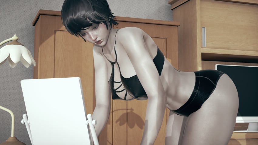 bent_over big_breasts bikini brown_hair honey_select impi looking_at_mirror short_hair solo thick_thighs victoria_(impi) wide_hips