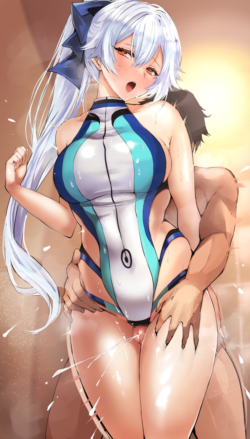 1boy absurdres agetama bangs blue_bow blue_swimsuit bow breasts cum cum_on_thighs ejaculation ejaculation_between_thighs fate/grand_order fate_(series) female grinding hair_between_eyes hairbow highleg highleg_swimsuit highres large_breasts long_hair looking_at_viewer one-piece_swimsuit penis ponytail red_eyes silver_hair straight swimsuit thigh_sex thigh_strap thighs tomoe_gozen_(fate) tomoe_gozen_(swimsuit_saber)_(fate) two-tone_swimsuit white_swimsuit