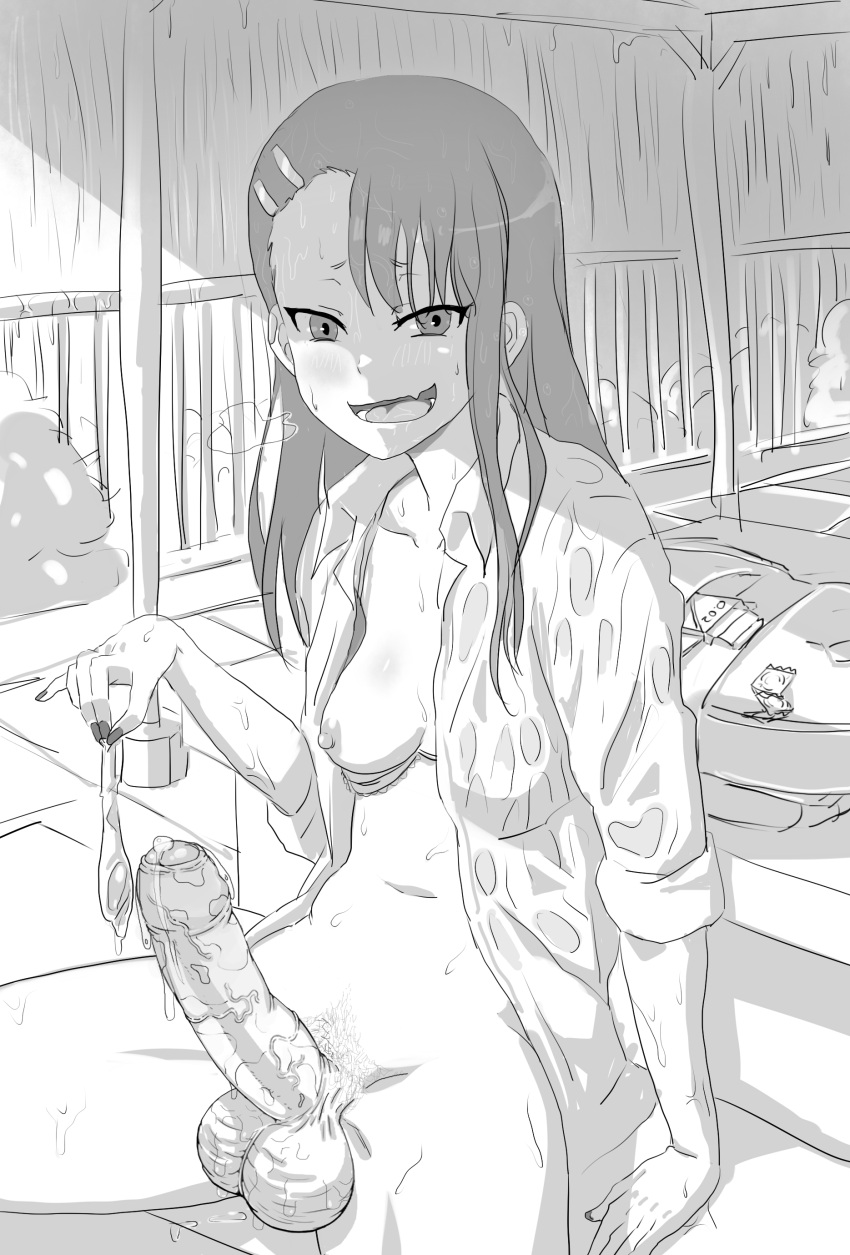 1futa 1puuuuuu balls breasts clothing condom cum edit ero_daisuki futa_only futanari hayase_nagatoro huge_balls human looking_at_viewer monochrome mostly_nude penis please_don't_bully_me,_nagatoro sitting solo sweat wet wet_clothes