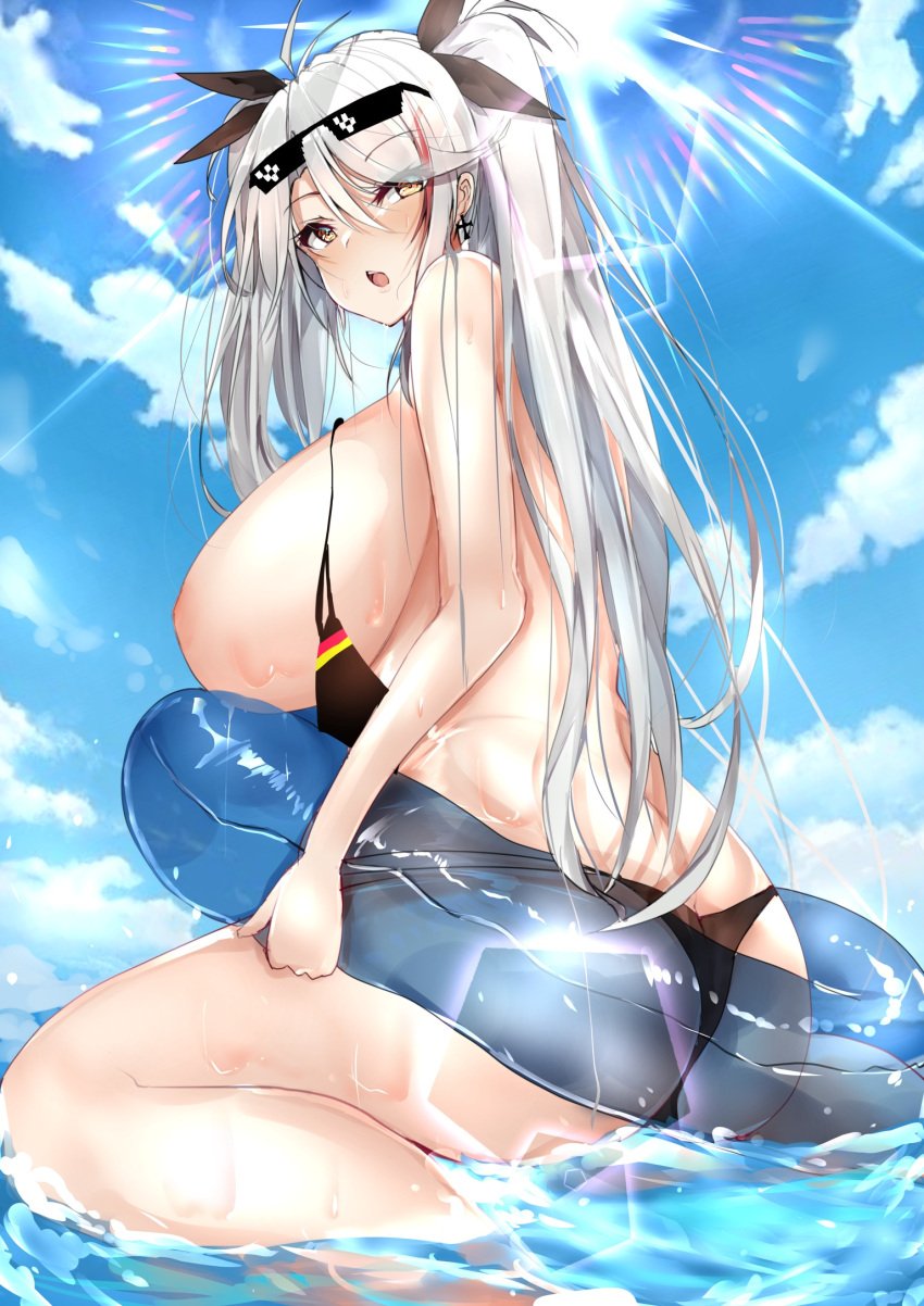 1girls 2021 ahoge areolae ass azur_lane back back_view bare_legs beach bikini_top_aside blue_sky blush blushing_at_viewer bow bow_in_hair breasts breasts_out deal_with_it detailed_background earrings erect_nipples feet_out_of_frame female female_focus female_only highlights huge_ass huge_breasts innertube kneeling large_areolae long_hair looking_at_viewer looking_back mutou_(94753939) nipples open_mouth outdoors prinz_eugen_(azur_lane) prinz_eugen_(unfading_smile)_(azur_lane) red_highlights sideboob sunglasses sunglasses_on_head sunlight thick_thighs thighs twintails very_long_hair wardrobe_malfunction wariza water wet wet_body white_hair yellow_eyes