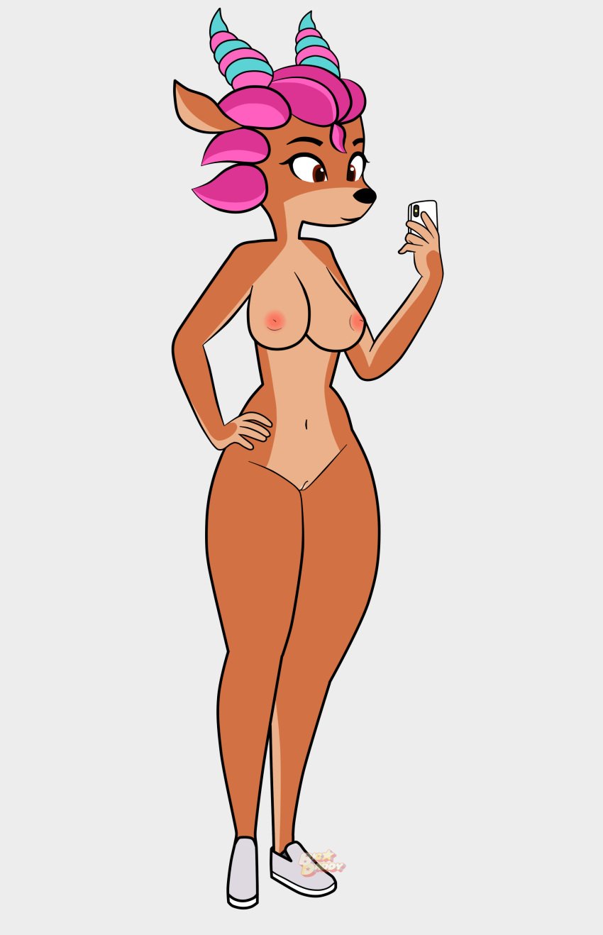 absurd_res amber_eyes anthro big_daddy breasts capreoline cervid clothing female female/female genitals hair hi_res legwear looking_at_object looking_at_phone mammal nu_pogodi nu_pogodi_reboot phone pink_hair pussy roe roe_deer simple_background solo soyuzmultfilm thigh_highs ulya