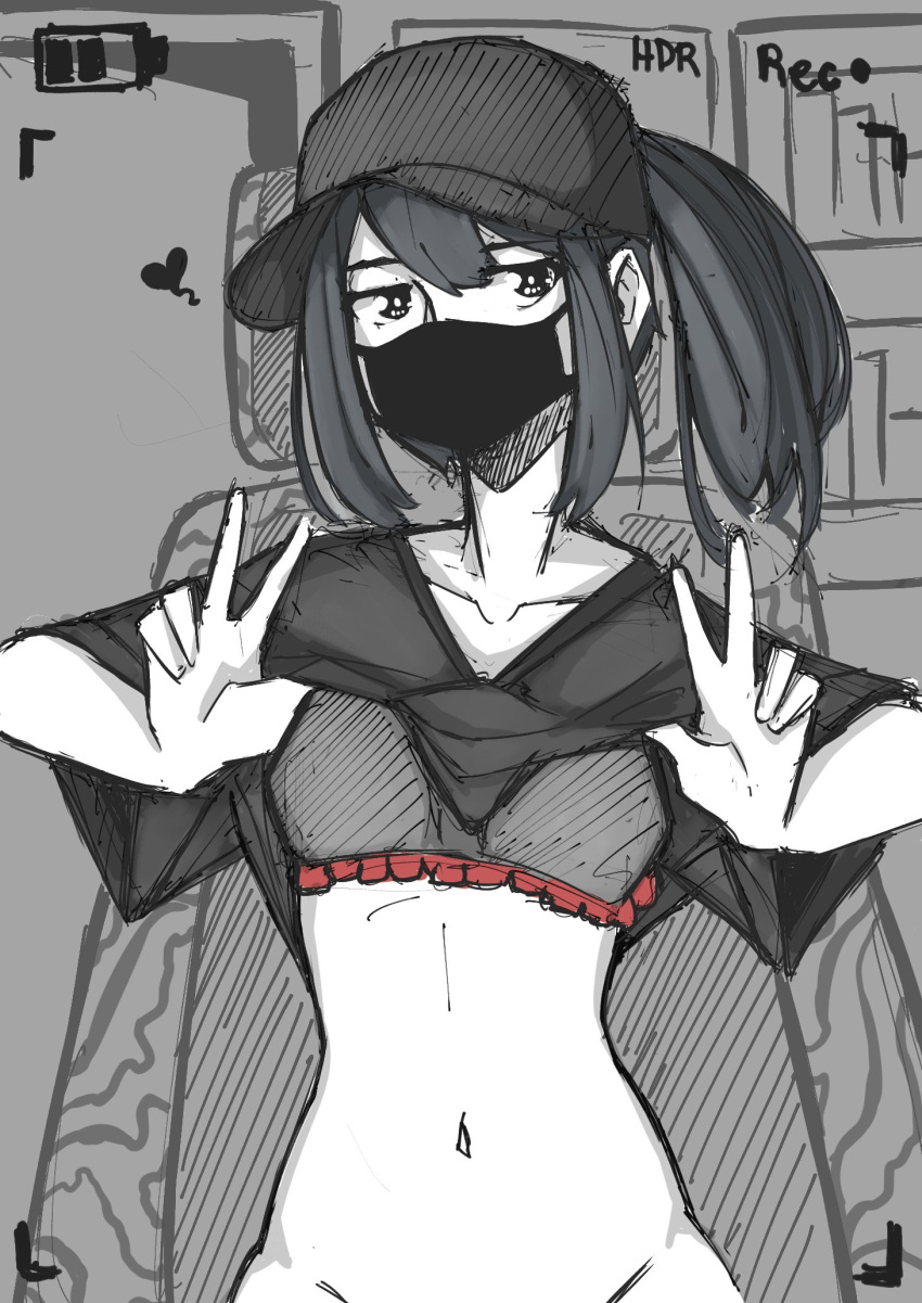 black_hair bra cam_(the_otachan_show) collarbone face_mask hat hourglass_figure lace-trimmed_bra lifted_shirt lilfruittea looking_at_viewer mask midriff no_panties partially_clothed ponytail shirt_lift suggestive the_otachan_show