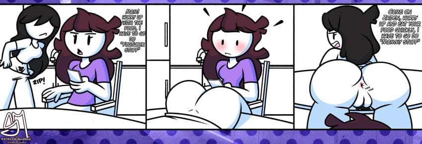 ass asshole black_hair blush blushing brown_hair cellphone dialogue female_pubic_hair incest jaiden jaiden_animations jaidenanimations jaidens_mom minicomic nude_female pants_pulled_down pubic_hair pussy semidraws tagme text youtube youtuber yuri