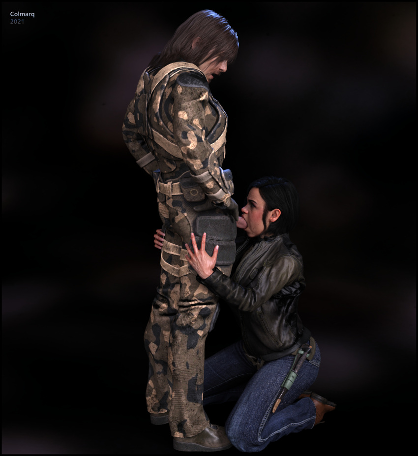 1boy 1girls activision black_hair blowjob blue_eyes boots british call_of_duty call_of_duty_black_ops_cold_war colmarq deepthroat deepthroat_hug european helen_park_(cod) jeans kneeling leather_jacket military_uniform oral