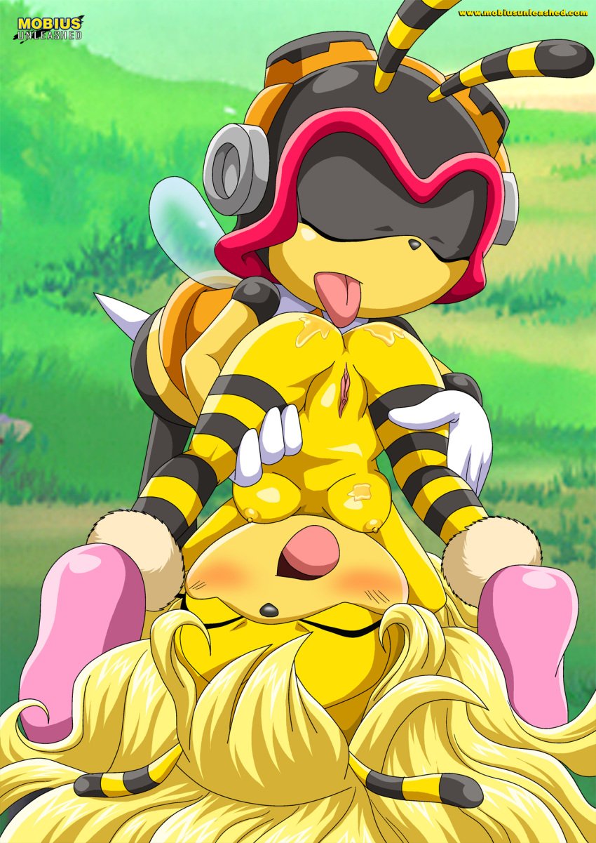 1boy 1girls anilingus bbmbbf blush breasts charmy_bee closed_eyes clothing female female/male honey licking moaning mobius_unleashed palcomix saffron_bee sonic_(series) sonic_the_hedgehog_(series) tongue_out upside-down