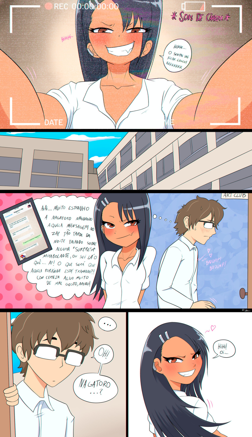 1boy 1girls aobacarry black_hair blush brown_hair clothed clothing comic glasses hayase_nagatoro highres long_hair looking_at_viewer naoto_hachioji_(senpai) please_don't_bully_me,_nagatoro revealing_clothes short_hair simple_background smile text