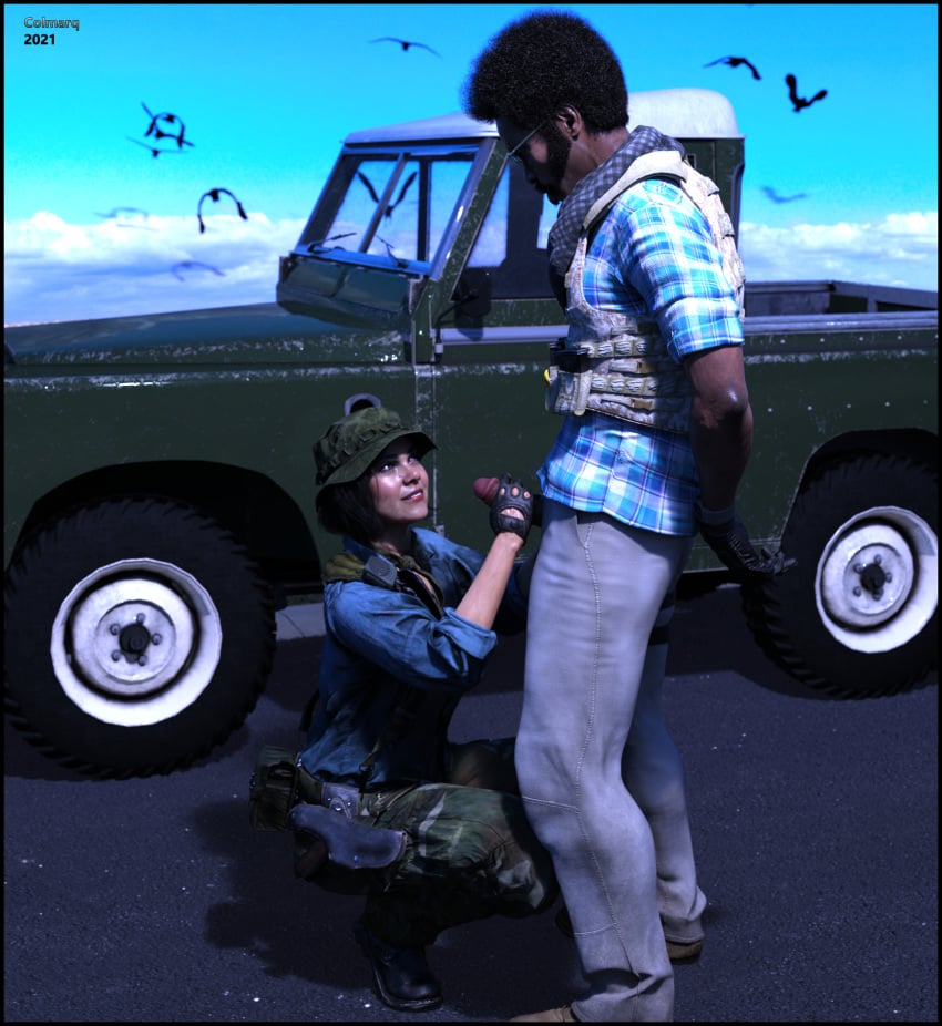 1boy 1girls bird black_hair blue_eyes call_of_duty call_of_duty_black_ops_cold_war colmarq dark-skinned_male gloves handjob helen_park_(cod) imminent_oral interracial light-skinned_female military_hat military_uniform smile truck