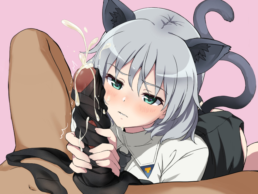 1boy animal_ears black_legwear blush cat_ears cat_tail censored clothing cum cum_in_clothes cum_on_hair ejaculation erection facial female handjob military pantyhose pantyhose_removed penis penis_on_face sanya_v._litvyak sanya_v_litvyak shiny shiny_hair shiny_skin short_hair silver_hair solo_focus straight strike_witches tail tobiume_sayu uniform world_witches_series