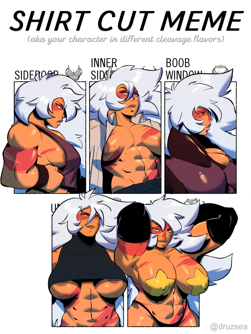 abs alien alien_girl areolae armpits arms_behind_back arms_behind_head arms_up big_breasts breasts cartoon_network cleavage detached_sleeves druzsea female gem_(species) huge_breasts jasper_(gem) jasper_(steven_universe) jayecho looking_at_viewer meme muscular_female nipple_pasties orange_skin seductive shirt_cut_meme sideboob smile steven_universe stripes thong underboob white_hair yellow_eyes