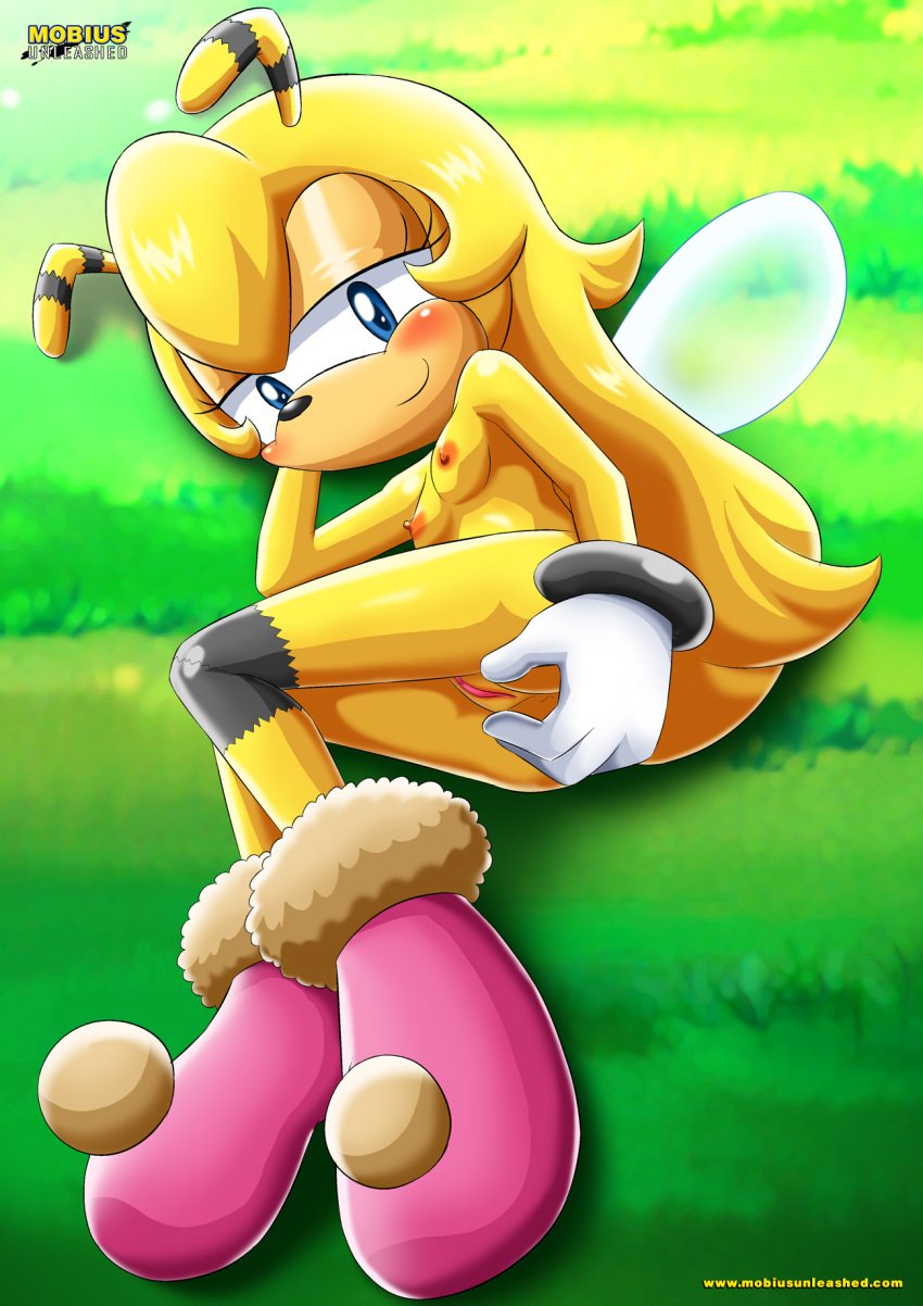 bbmbbf blue_eyes blush breasts clothing eyes_half_open looking_down lying_down lying_on_side mobius_unleashed palcomix pussy saffron_bee sonic_(series) sonic_the_hedgehog_(series) yellow_hair