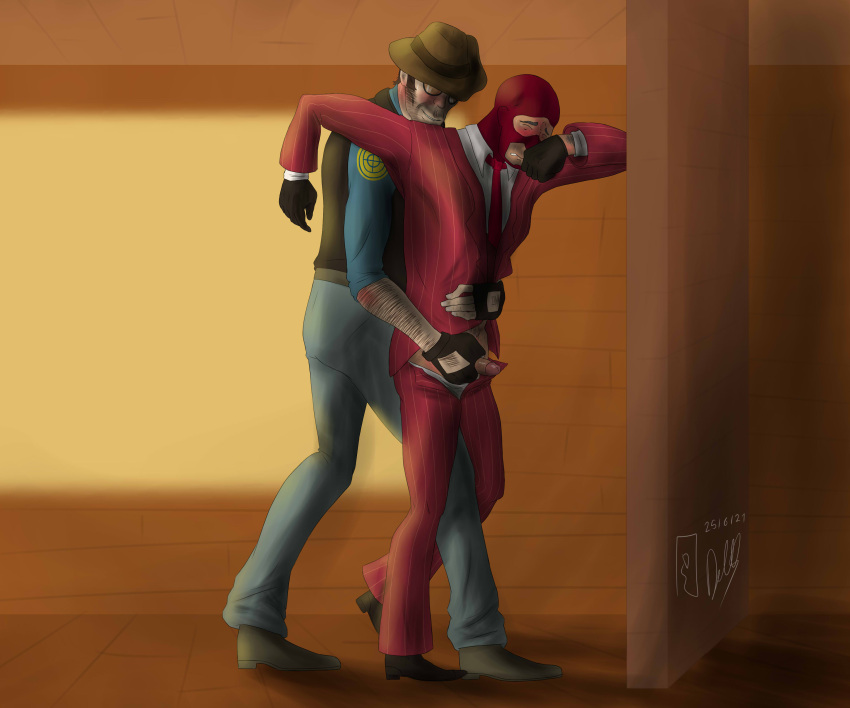 2boys blush clothed crying dell eyes_closed gay gay_domination handjob holding_penis masturbation pants_open penis_out questionable_anatomy reach_around sniper sniper_(team_fortress_2) sniperspy spy spy_(team_fortress_2) standing team_fortress_2