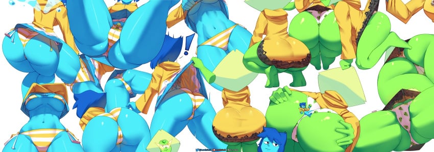 2girls alien_girl ass ass_focus big_ass big_breasts blue_eyes blue_hair blue_skin breasts bubble_ass bubble_butt butt_crack cartoon_network dress gem_(species) grabbing_own_ass green_skin huge_ass lapis_lazuli_(steven_universe) lewdssonk panties peridot_(steven_universe) shortstack size_difference smaller_female steven_universe thick_thighs thong yellow_hair