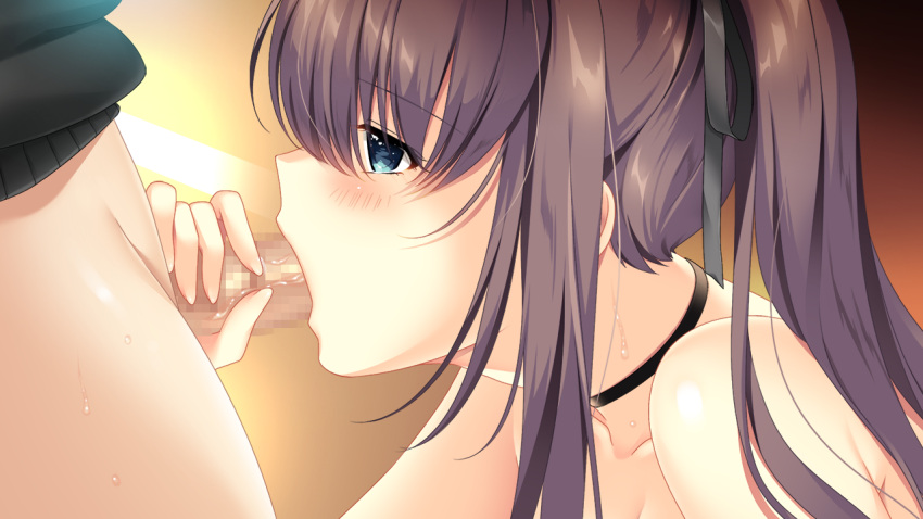 1boy bangs black_choker black_ribbon blue_eyes blush brown_hair censored choker collarbone fellatio female game_cg hair_between_eyes hair_ribbon jk_imouto. long_hair mosaic_censoring oral penis profile ribbon side_ponytail tonomiya_tsumugi yoppy