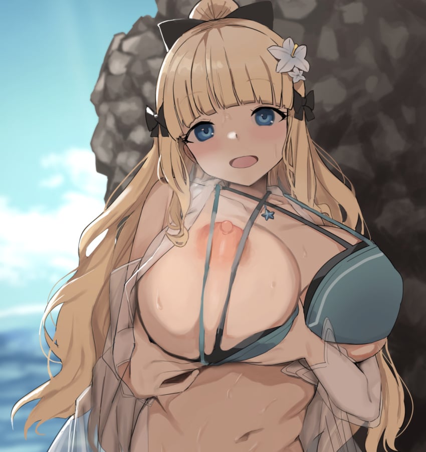 1girls bangs beach bikini bikini_pull blonde_hair blue_eyes blunt_bangs bow breast_lift breasts clothes_pull collarbone criss-cross_halter female flower hair_flower hair_ornament hairbow halterneck highres huge_breasts long_hair looking_at_viewer navel niizuka_(c-drop) nipples one_breast_out open_mouth ponytail princess_connect! rock saren_(princess_connect!) sidelocks smile solo solo_focus strap_gap swimsuit tareme upper_body wet