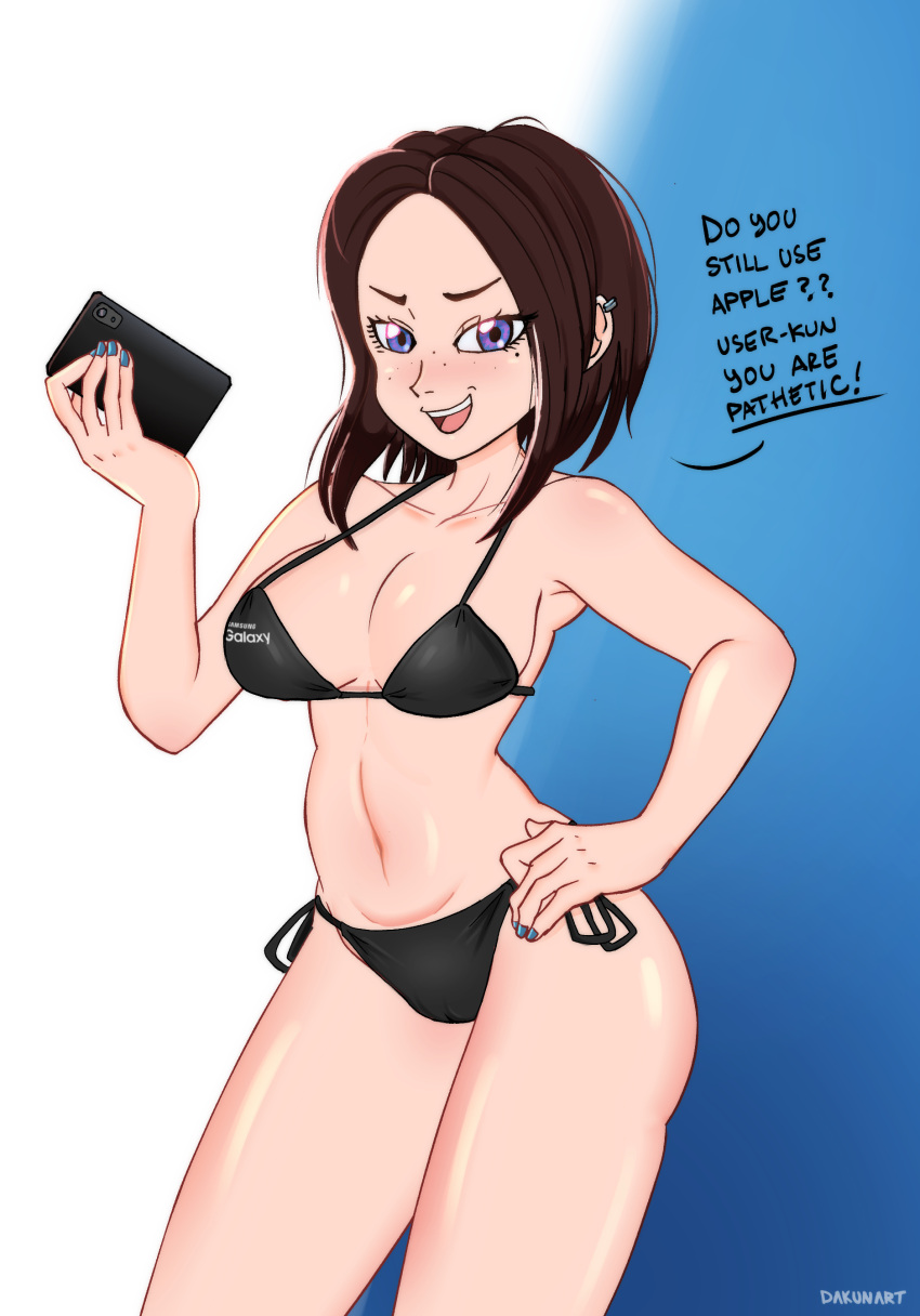 1girls beauty_mark bikini black_bikini blue_nails breasts brown_hair collar dakunart eyelashes female freckles looking_at_viewer phone purple_eyes samsung samsung_sam short_hair underwear