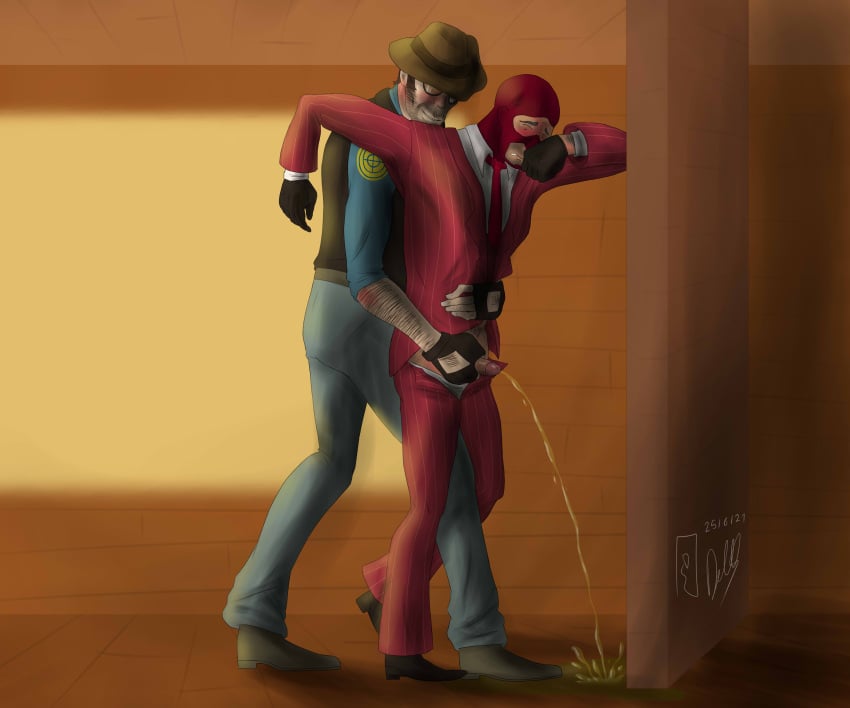 2boys assisted_pee assisted_peeing balaclava blush clothed crying drunk eyes_closed facial_hair fingerless_gloves gay gloves holding_penis pants_open peeing penis_out piss_play questionable_anatomy retracted_foreskin sideburns sniper sniper_(team_fortress_2) sniperspy spy spy_(team_fortress_2) sunglasses team_fortress_2 tinted_eyewear urination urine urine_on_floor urine_pool urine_puddle urine_stream watersports