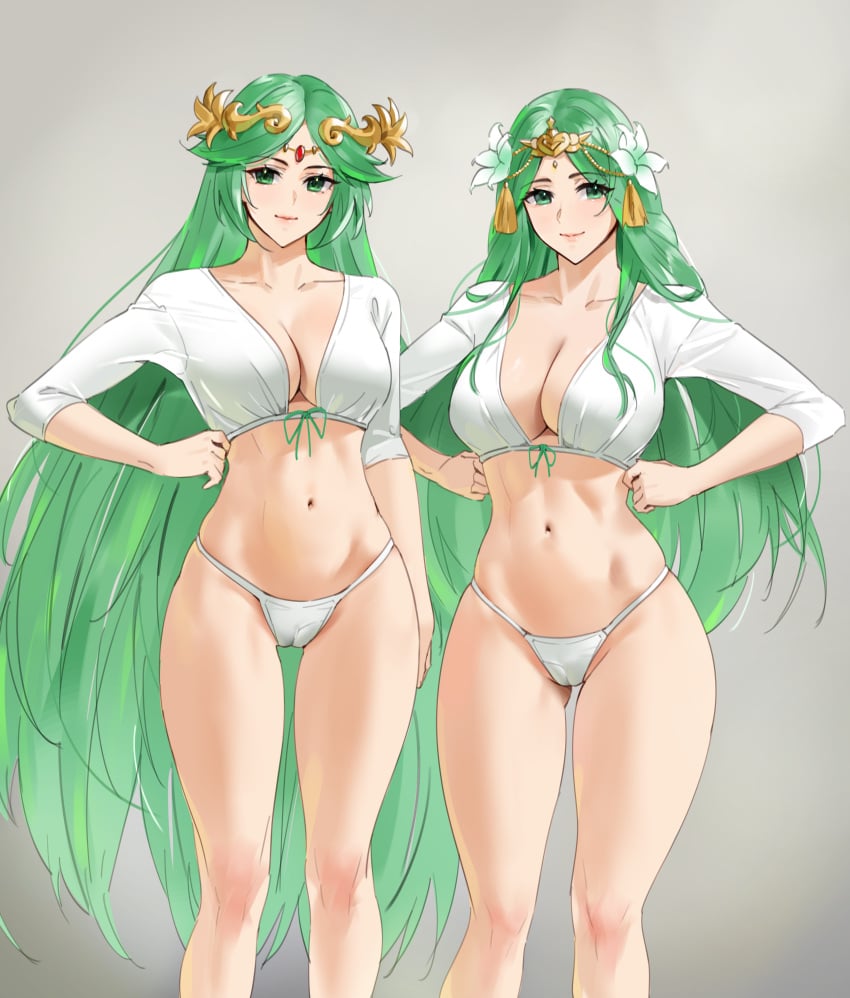 2girls bangs bare_legs bare_thighs blush breasts cameltoe circlet cleavage collarbone cropped_shirt curvy fire_emblem fire_emblem:_three_houses flower forehead_jewel goddess green_eyes green_hair grey_background hair_flower hair_ornament highres hourglass_figure kid_icarus kid_icarus_uprising large_breasts long_hair long_sleeves looking_at_viewer midriff multiple_girls navel nintendo no_pants palutena panties parted_bangs rhea_(fire_emblem) sendrawz shirt signature simple_background smile tassel thick_thighs thighs trait_connection underwear very_long_hair white_panties white_shirt wide_hips