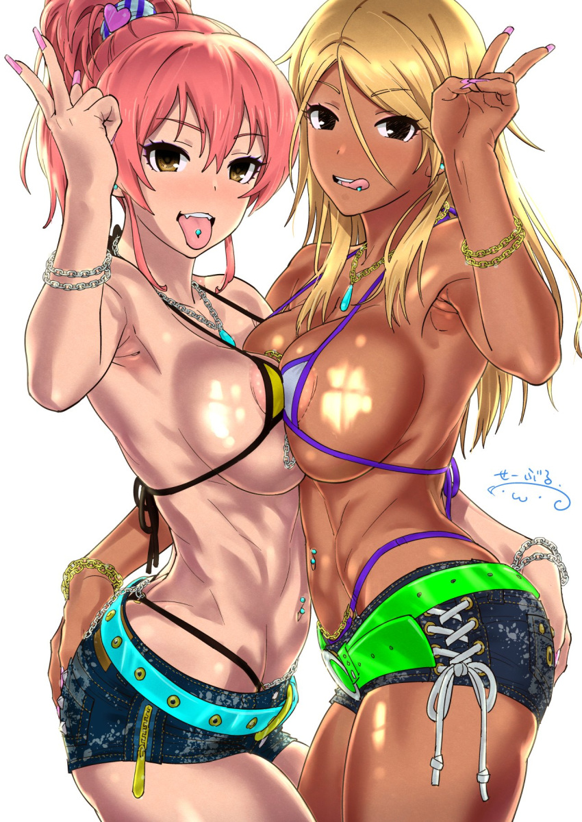 2girls ass_cleavage busty butt_crack dark-skinned_female dark_skin female female_focus gold_nipple_chain hourglass_figure idolmaster interracial izumi_mei jougasaki_mika light-skinned_female light_skin multiple_girls nipple_chain nipple_chains silver_nipple_chain suna tan tongue_out wide_hips