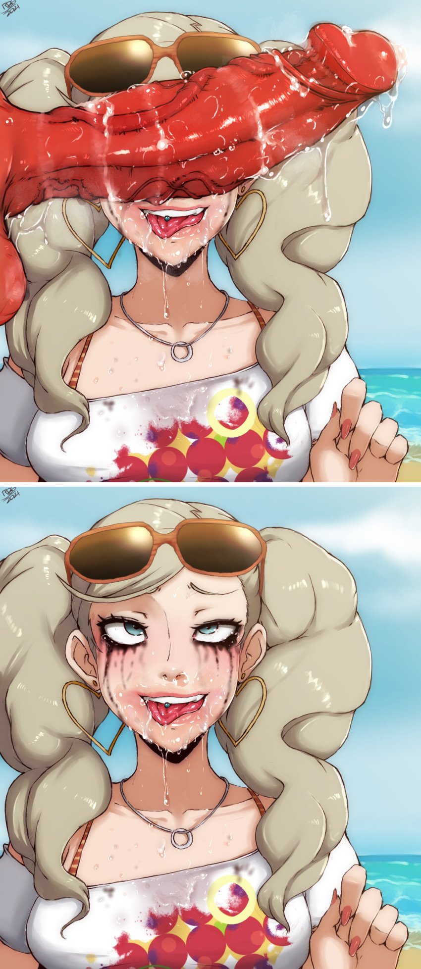 1boy 1girls 2021 after_deepthroat after_fellatio after_oral ahe_gao ann_takamaki atlus beach before_oral cant_see_the_haters comic deepthroat_mark earrings edit female gigantic_penis huge_penis imminent_fellatio imminent_oral mascara narrowed_eyes necklace open_mouth oral persona persona_5 petite pleasure_face precum randomboobguy red_penis running_mascara runny_makeup saliva saliva_trail seductive_eyes seductive_look seductive_mouth seductive_smile sloppy sunglasses sunglasses_on_head tagme teenager tongue_out tongue_piercing twintails veiny_penis