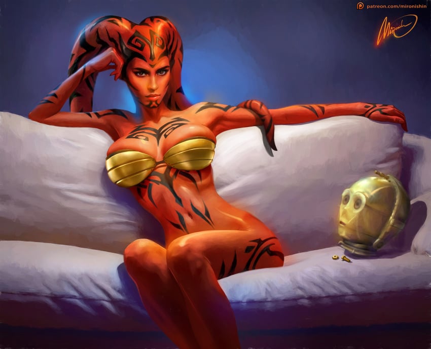 1boy 1girls alien alien_girl arm_tattoo artist_name artist_signature big_breasts bikini_top bottomless bottomless_female breasts c-3po chest_tattoo couch darth_talon droid duo eyebrows eyelashes eyes facial_tattoo female head head_tails humanoid leg_tattoo looking_at_viewer male mironishin navel on_couch partially_clothed patreon pose protocol_droid red_eyes red_skin robot severed_head sith sitting sitting_on_couch squished_breasts star_wars star_wars:_legacy stomach_tattoo tattoo tattoos tight_top twi'lek url voluptuous