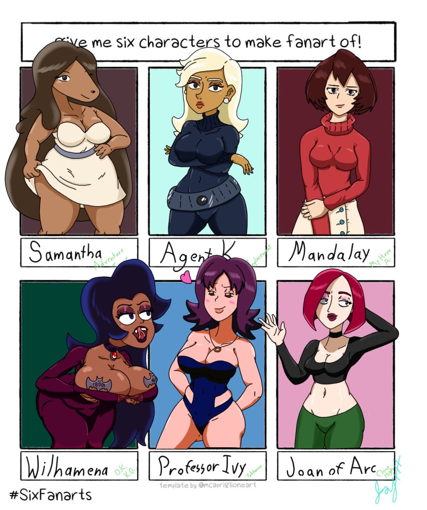 2020 6girls adventure_time agent_k anthro bbw belt blonde_hair bodysuit breasts brown_eyes brown_hair busty cartoon_network choker clone clone_high crossover curvaceous dark-skinned_female dark_blue_hair dark_brown_hair dark_purple_hair disney dress fanart female human jay_the_chill_loner joan_of_arc_(clone_high) large_breasts leggings licking_lips light-skinned_female long_sleeves mandalay milf multiple_girls my_hero_academia necklace nintendo ok_k.o.!_let's_be_heroes pale-skinned_female pale_skin pasties philena_ivy pink_hair pokemon pokemon_professor pokemon_rgby purple_hair samantha_(adventure_time) shino_sousaki short_hair six_fanarts_challenge skirt slim sundress superheroine sweater swimsuit swimwear tan_skin the_replacements thick_ass thick_thighs vampire wilhamena