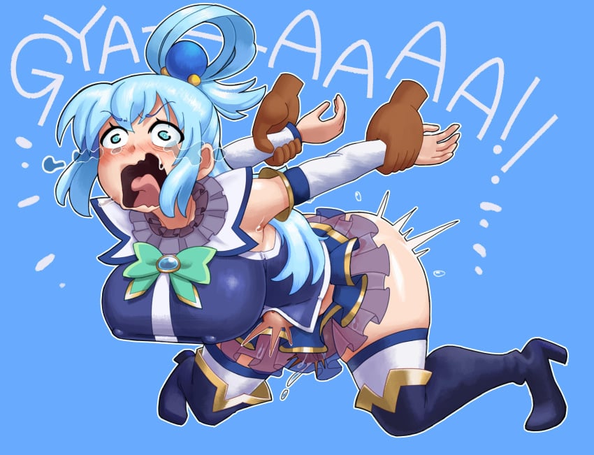 1girls aqua_(konosuba) aqua_screaming_(meme) arms_behind_back ass balls big_breasts blue_eyes blue_hair boots breasts crying crying_with_eyes_open curvy dark-skinned_male dark_skin disembodied_hand disembodied_penis heel_boots heels holding holding_arms interracial kneeling kono_subarashii_sekai_ni_shukufuku_wo! legwear meme minus8 open_mouth tagme text thick_thighs thigh_boots thighhigh_boots thighhighs thighs