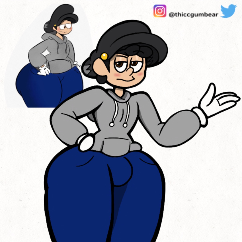 1boy black_hat blue_jeans blush brown_eyes brown_pupils bulge cap femboy grey_hoodie hat hoodie male male_only pose posing shaded solo thiccgumbear thick thick_penis thick_thighs white_gloves