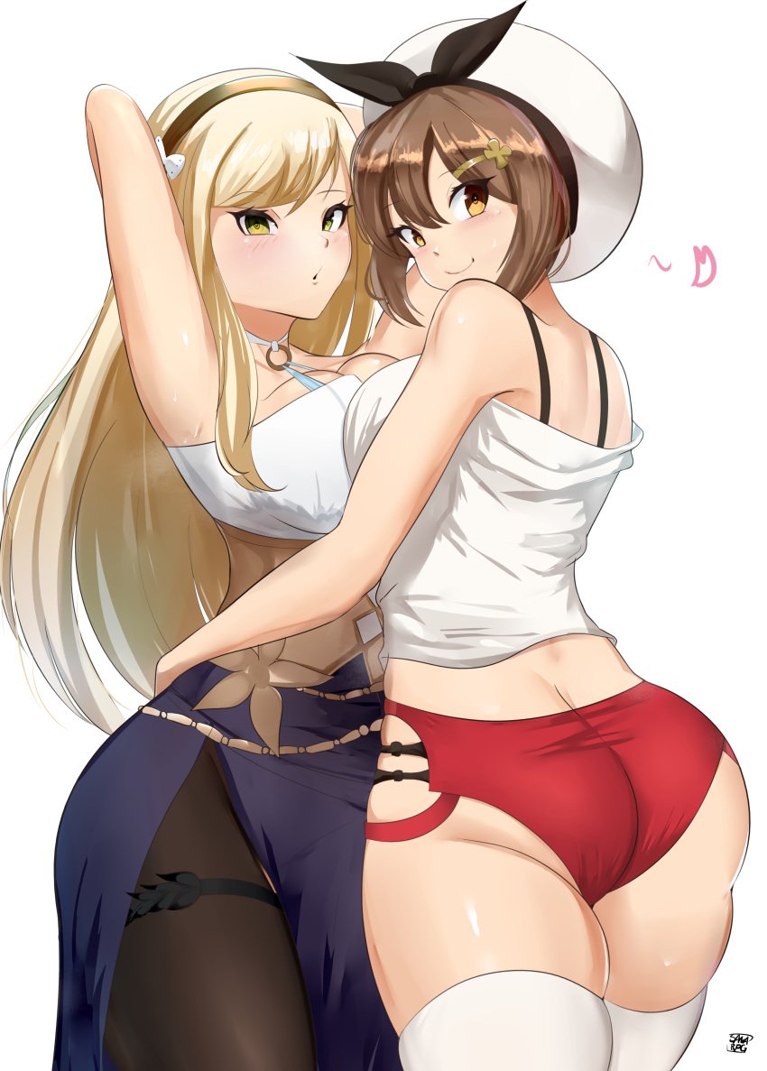 2021 2girls :o amber_eyes armpits arms_around_waist arms_behind_head arms_up artist_signature ass ass_cleavage ass_focus ass_shot atelier_(series) atelier_ryza atelier_ryza_2 back back_view bare_arms black_ribbon blonde_hair blue_bottomwear blush breast_to_breast breasts brown_hair bubble_butt butt_crack clothed clothed_female dress female female_focus female_only green_eyes hairband hairclip hat hi_res hips huge_ass klaudia_valentz large_breasts long_dress long_hair looking_at_viewer looking_back medium_hair multiple_girls pantyhose red_shorts reisalin_stout ribbon ribbon_in_hair sana!rpg sheer_legwear shiny_hair short_shorts shorts side_slit simple_background skindentation slim_waist smile smiling spoken_heart symmetrical_docking thick_thighs thighhighs thighs white_background white_hat white_tank_top white_thighhighs white_topwear wide_hips yuri