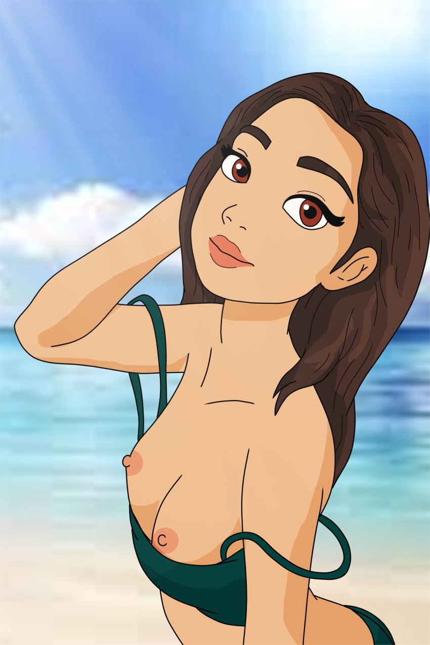 aroused beach bikini cute humiliation loose_bra loose_clothes nude nude_female original original_character original_female seductive seductive_look seductive_mouth seductive_smile small_breasts