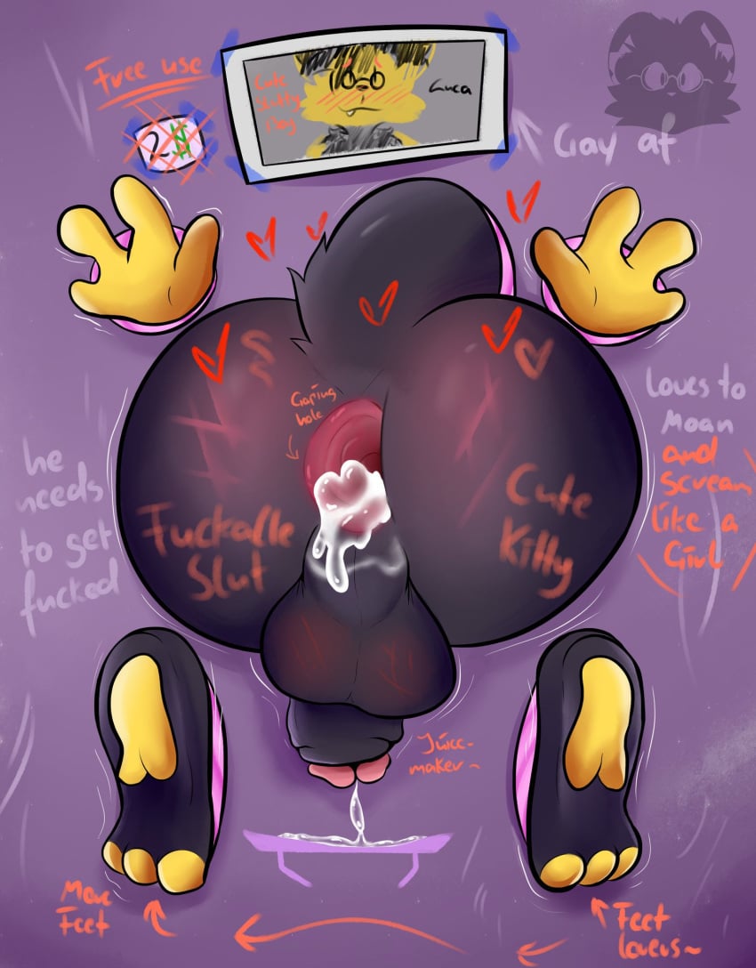 1boy 2021 after_anal after_sex anus balls big_ass black_fur bodily_fluids cum cum_in_ass cum_inside digital_media_(artwork) english_text feline furry furry_only gaping gaping_anus gay genital_fluids l4caxd luca_the_shinx male male_only motion_lines nintendo penis perineum pokemon pokemon_dppt precum presenting presenting_anus presenting_ass public_nudity public_use shinx simple_background solo solo_focus solo_male taint text watermark yaoi yellow_fur