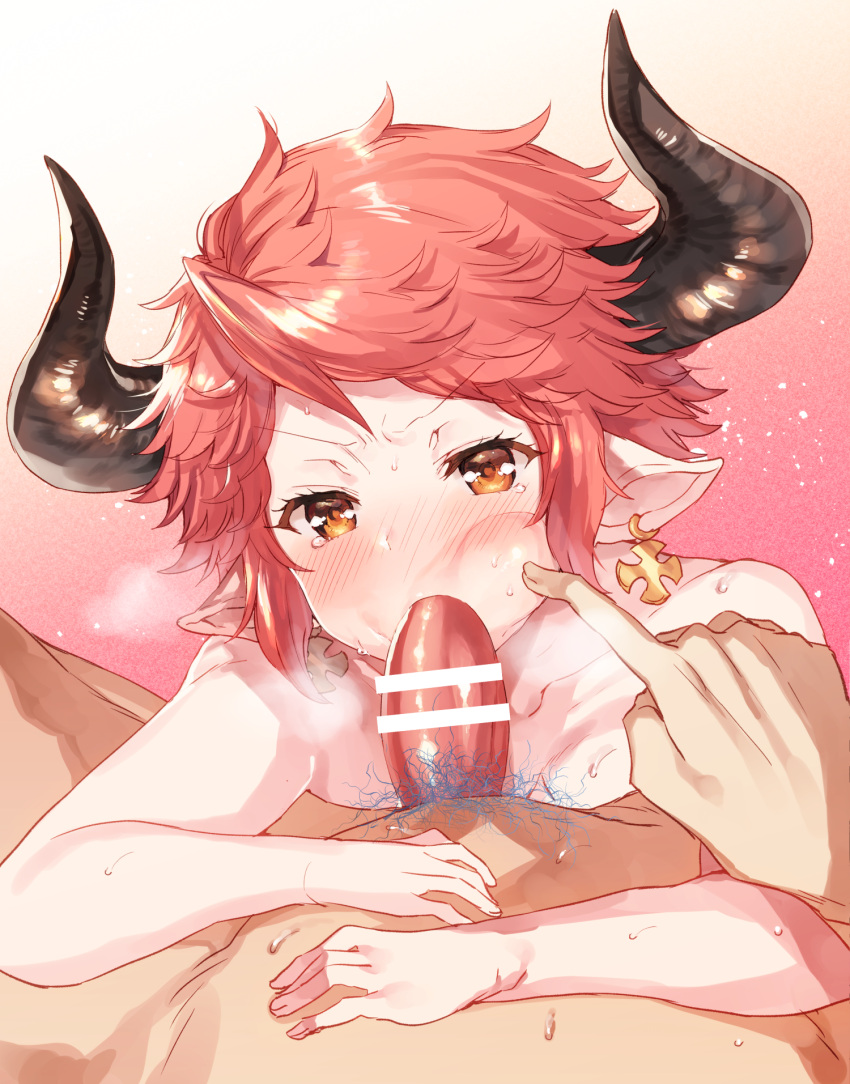 1boy 1boy1girl 1girls 2020 angry big_penis black_horns blush blush_lines censor_bar censored censored_penis cheek_bulge cheek_poke drang_(granblue_fantasy) draph_race_(granblue_fantasy) earrings embarrassed eno_yukimi erect_penis erection fellatio female female_focus finger_poking gradient_background granblue_fantasy heart-shaped_pupils horns male male/female male_pubic_hair penis pointing pointing_at_another pointy_ears poking pubic_hair red_hair simple_background steamy_breath straight sturm_(granblue_fantasy) sweat sweatdrop upper_body yellow_eyes