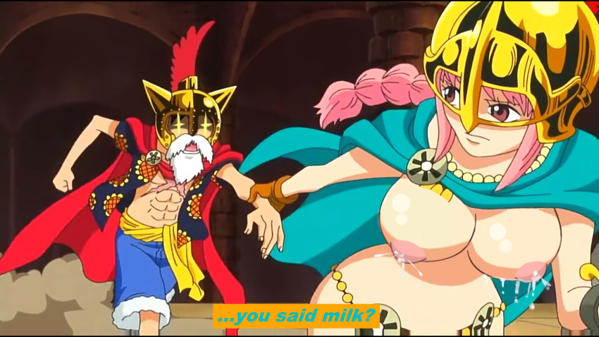 1boy 1girls bikini bikini_armor bikini_bottom breasts caption clothed_male_nude_female clothing disguise duo excited exposed exposed_breasts female lactating lactating_nipples lactation lactation_without_expressing lactation_without_stimulation magenta_ivy male medium_breasts milk milk_squirt monkey_d_luffy one_piece partially_clothed puffy_areola puffy_nipples rebecca_(one_piece) screenshot screenshot_edit spraying_milk