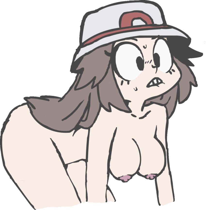 1girls animated biting_lip brown_hair color colored cross-eyed doggy_style female hat headwear leaf_(pokemon) naked nintendo pink_nipples pokemon pokemon_frlg solo solo_female sweat sweatdrop w.t.dinner white_background