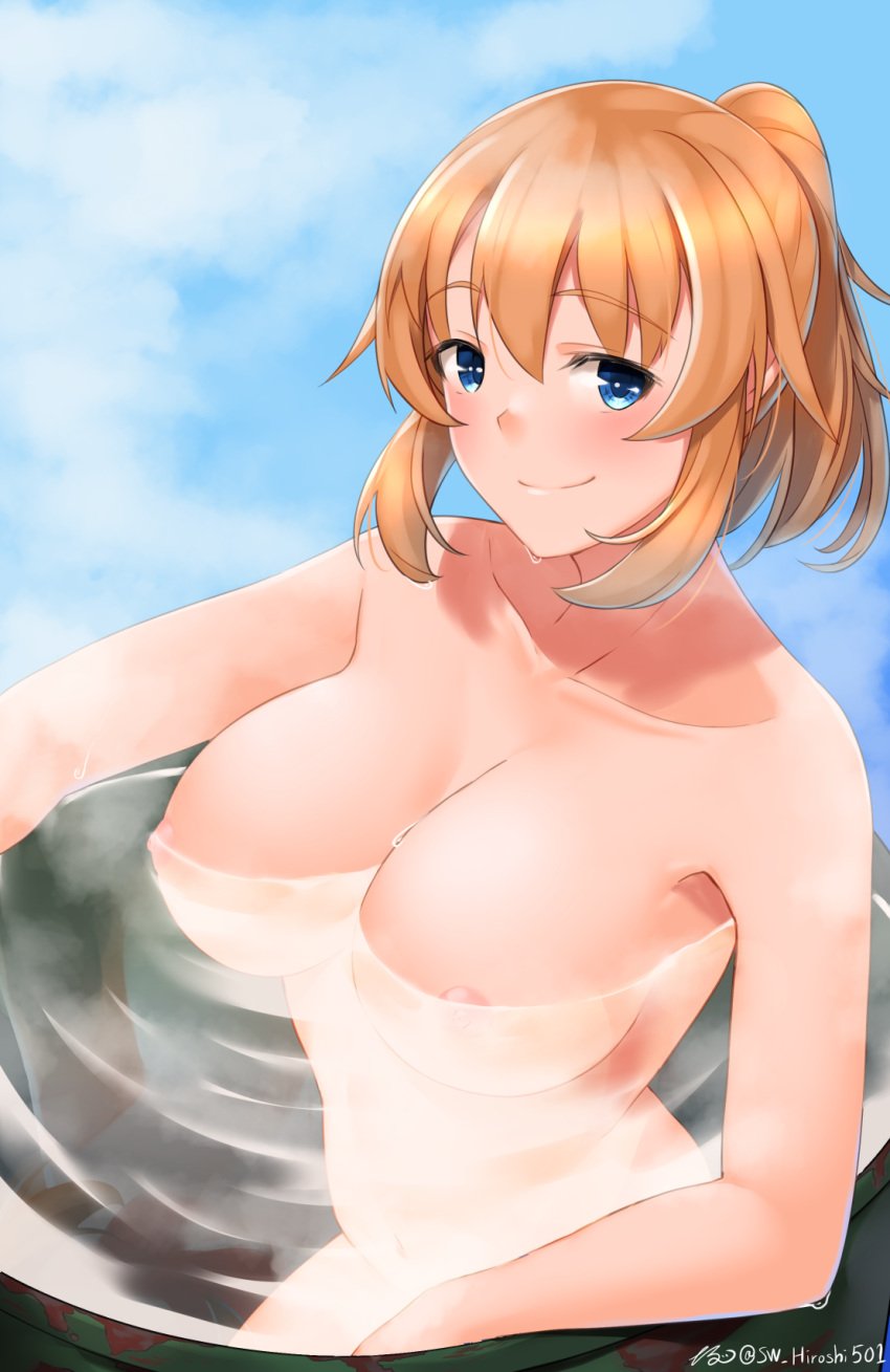 artist_name barrel bath bathing blue_eyes blush breasts charlotte_e_yeager closed_mouth collarbone female highres hiroshi_(hunter-of-kct) large_breasts looking_at_viewer nipples nude orange_hair outdoors ponytail shiny shiny_hair sky smile solo strike_witches sweat water world_witches_series