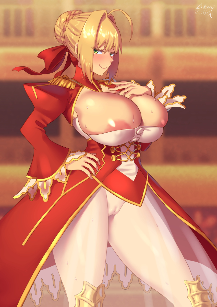 1girls ahoge areolae big_thighs blonde_hair blush bottomless_skirt braid breast_press breasts casual_exposure casual_nudity cleavage cleavage_cutout cleft_of_venus closed_mouth clothes collar curvy dress erect_nipple fate/extra fate/grand_order fate_(series) female female_only green_eyes hair_ribbon hi_res high_resolution highres huge_breasts huge_thighs ineffective_clothing long_hair long_sleeves massive_breasts nero_claudius_(fate) nipple_bulge nipple_slip pussy red_dress ribbon see-through see-through_clothing skirt sleeved_dress smile smiling solo sweat sweatdrop thick_thighs thighs thin_waist tied_hair uncensored vagina very_high_resolution voluptuous wide_hips zheng