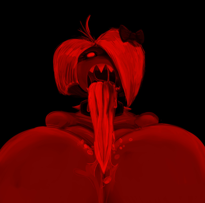 anthro empty_eyes gigantic_breasts libby_(tasteofchoklit) long_tongue mandela_catalogue monster_girl open_mouth red_background sharp_teeth spit tasteofchoklit white_hair