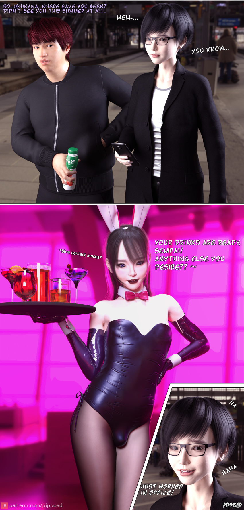 2boys 3d 3d_(artwork) asian blue_eyes bulge bunnysuit comic crossdressing dialogue femboy feminization flat_chest girly latex_gloves makeup male_only pantyhose penis_under_clothes pippoad red_lips red_lipstick speech trap waiter