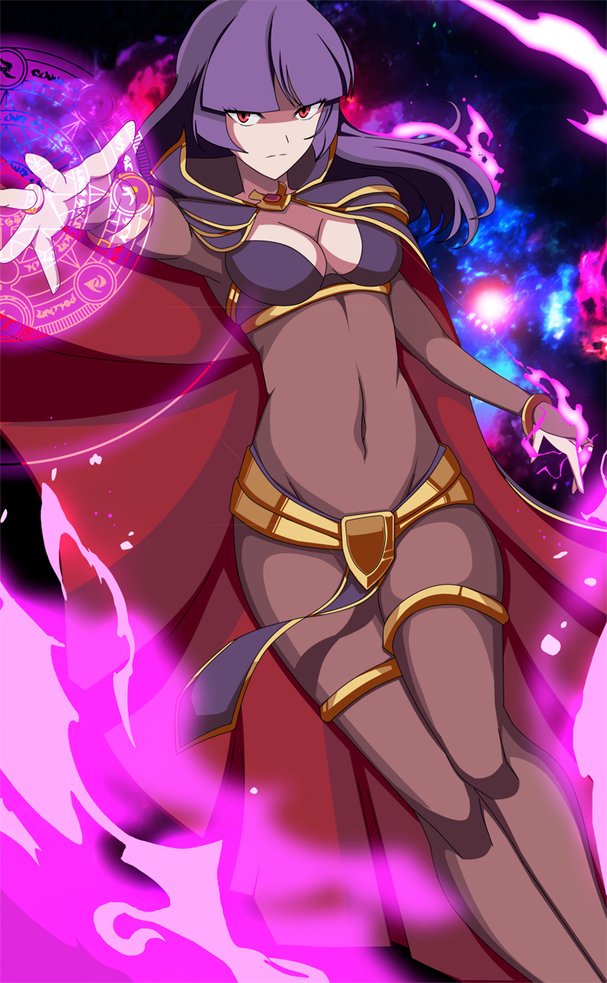 big_breasts bodystocking bra cape cleavage crossover female fire_emblem fire_emblem_awakening fully_clothed jewelry long_hair magic navel nintendo pokemon pokemon_rgby purple_hair red_eyes sabrina_(pokemon) serious solo tharja_(fire_emblem)_(cosplay) thick_thighs transparent_clothing vivivoovoo wide_hips