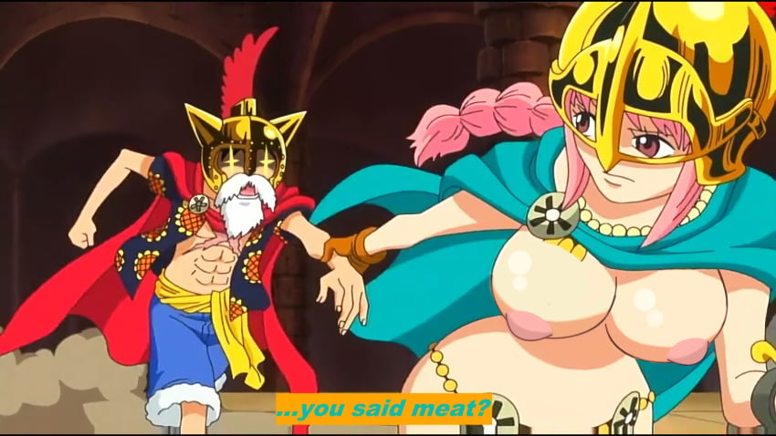 1boy 1girls bikini bikini_armor bikini_bottom breasts caption clothed_male_nude_female clothing disguise duo excited exposed exposed_breasts female magenta_ivy male medium_breasts monkey_d_luffy one_piece partially_clothed puffy_areola puffy_nipples rebecca_(one_piece) screenshot screenshot_edit