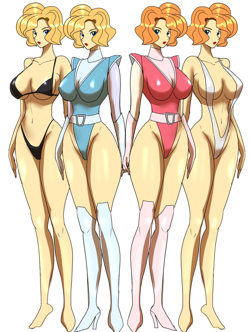 2020 2girls bikini blonde_hair blue_eyes breasts chaachan curvaceous duo female highleg human large_breasts light-skinned_female light_skin lori_(mazinger) loru_(mazinger) mazinger mazinkaiser pilot_suit short_hair sisters skimpy skimpy_clothes sling_bikini thick_thighs twins wide_hips