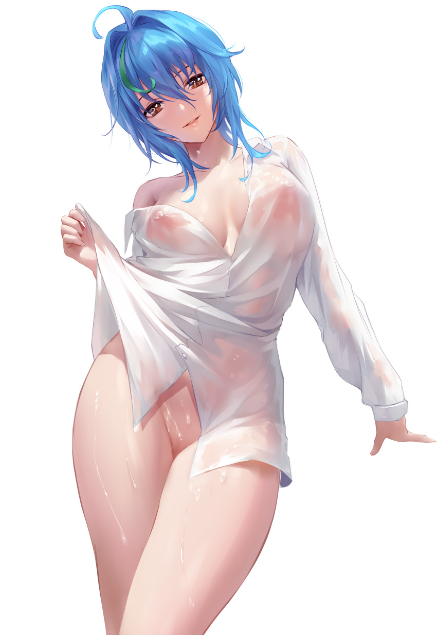 1girls big_breasts blue_hair bottomless breasts brown_eyes chihunhentai dress_shirt female female_only high_school_dxd medium_hair nipples no_bra open_shirt see_through shirt_lift simple_background smile solo transparent_png uncensored wet white_background xenovia_quarta