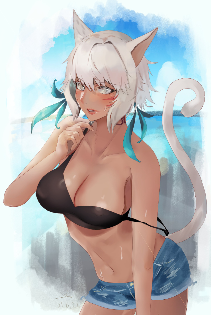 1girls 2021 animal_ears armpit_crease aya_(user_ddya7452) bare_arms bare_legs beach belly_button bikini_top black_bikini_top blush breasts brown_skin cat_ears cat_tail catgirl cleavage dark-skinned_female dark_skin facial_markings female female_focus female_only final_fantasy final_fantasy_xiv fluffy_ears hair_ornament hi_res jean_shorts large_breasts light_blush lipstick long_tail looking_at_viewer miqo'te neck_tattoo nekomimi outdoors shiny_skin short_hair short_shorts shorts silver_eyes slim_waist smile smiling_at_viewer square_enix sweat thick_thighs thighs white_border white_hair white_tail y'shtola