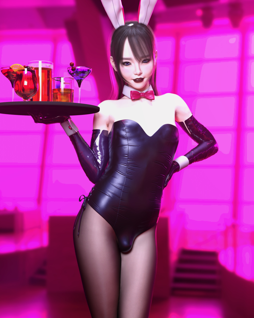 1boy 3d 3d_(artwork) asian blue_eyes bulge bunnysuit crossdressing femboy feminization flat_chest focus latex_gloves makeup male_only pantyhose penis_under_clothes pippoad red_lips red_lipstick solo trap waiter