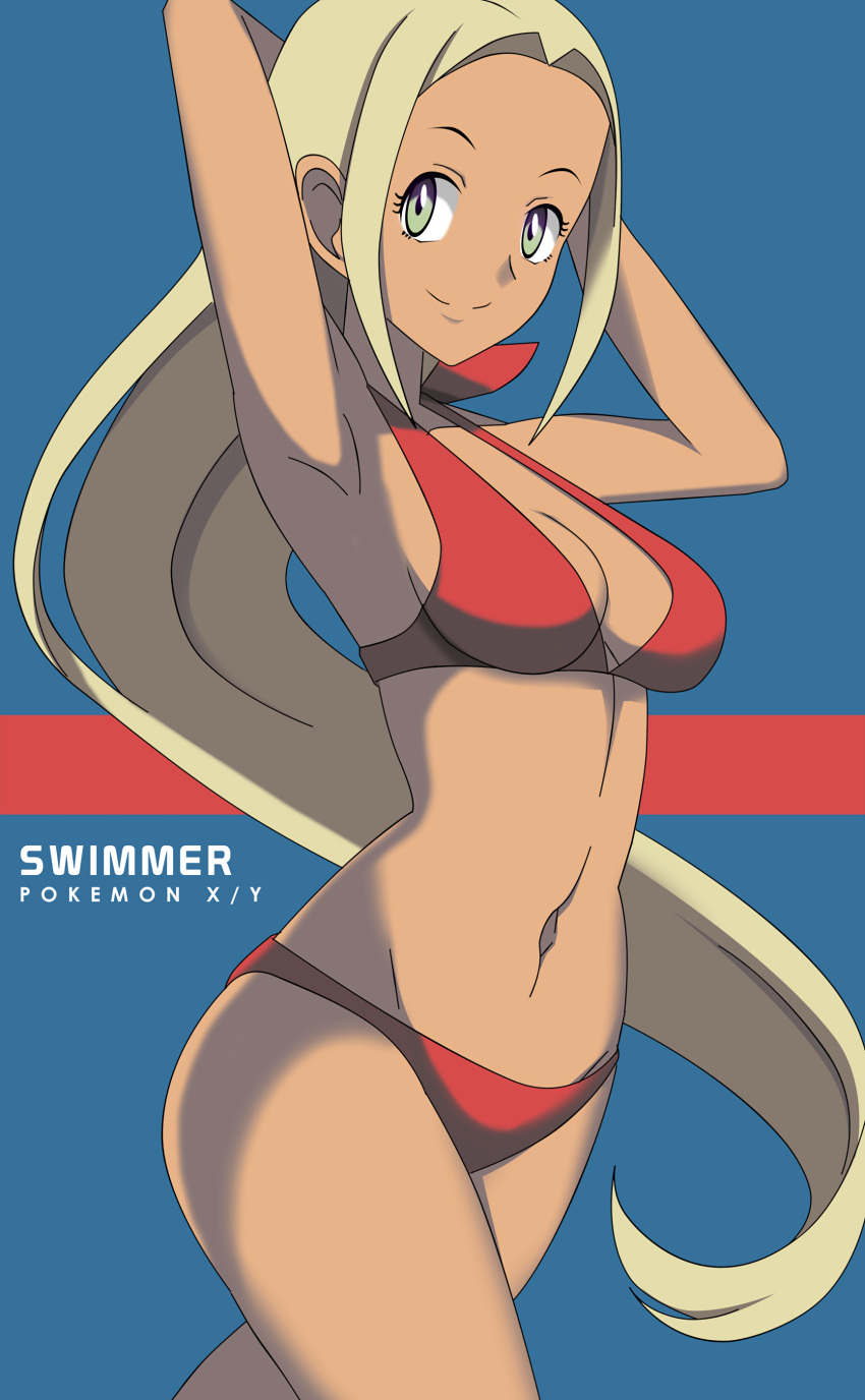 bikini blonde_hair cleavage dark_skin english_text female green_eyes looking_at_viewer navel npc_trainer pokemon pokemon_xy smile solo swimmer_(pokemon) swimmer_(pokemon_xy) thick_thighs vivivoovoo