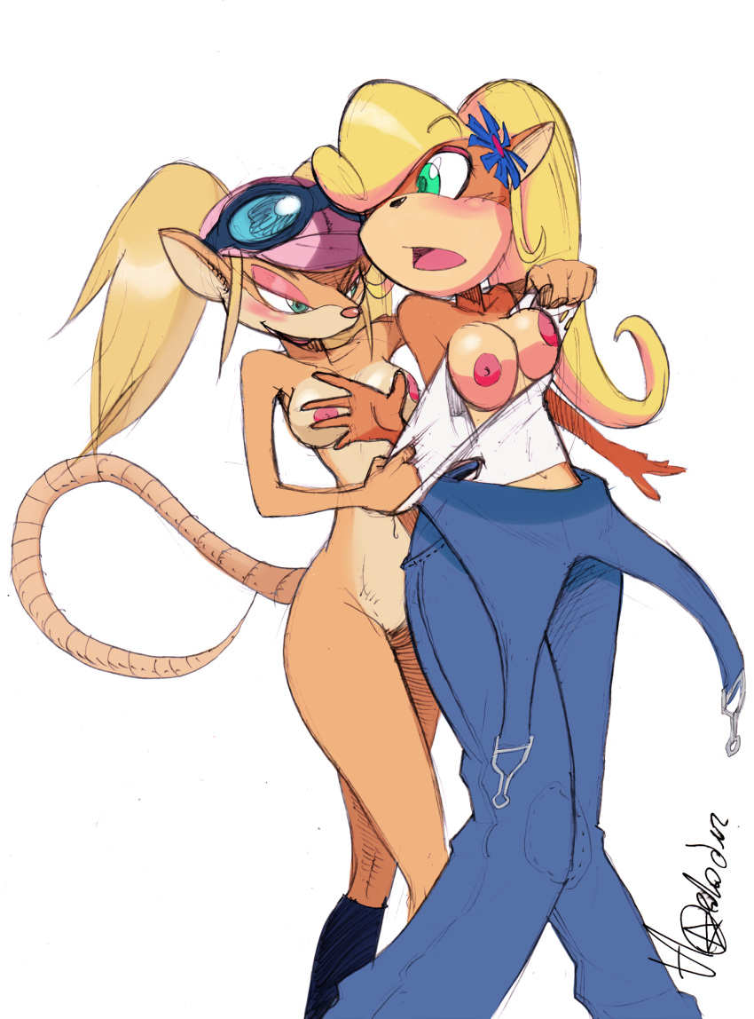 2girls activision anthro blonde_hair blush boots breasts coco_bandicoot crash_(series) exposed_breasts eyeshadow female_focus flower fur furry goggles hat horlod lips makeup navel nipples nude nude_female orange_fur overalls pasadena_o'possum ripped_clothing ripping_clothing shirt surprised yuri