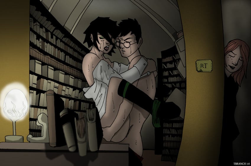 1boy 2girls background black_hair book bookshelf bottomless bottomless_female caught caught_in_the_act closed_eyes dark_room dated duo eyeshadow female footwear freckles freckles_on_face ginny_weasley glasses green_eyeshadow green_panties green_underwear gryffindor harry_james_potter harry_potter hogwarts inter-house knee_socks lamp legs_up library light light-skinned_female light-skinned_male light_skin makeup male night on_table open_mouth pansy_parkinson panties_around_leg panties_down partially_clothed peeping red_hair round_glasses school school_uniform schoolboy schoolgirl shirt short_hair short_hair_female side_view slytherin socks spread_legs standing standing_sex straight student sweat sweatdrop sweating table tbranch underwear upper_body voyeur watermark wet