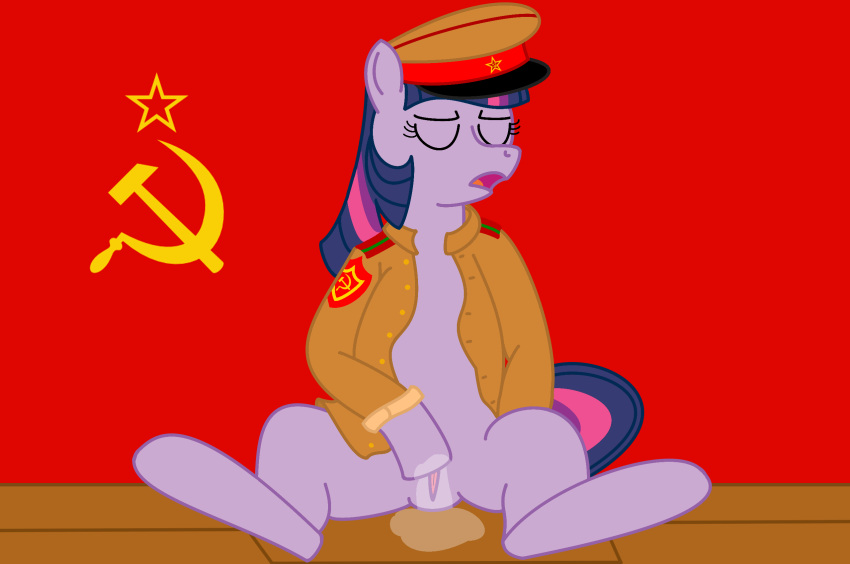 2013 army bottomless closed_eyes clothing color communism communist cum ears equine eyes female female_only flat_colors friendship_is_magic front_view fur furry furry_ears hair hammer_and_sickle hat horn horse masturbation military mouth multicolored_hair my_little_pony open_mouth orgasm pink_hair plain_background pointy_ears pony propaganda purple_fur purple_hair pussy shirt sitting solo soviet soviet_flag straight_hair tail twilight_sparkle_(mlp) two_tone_hair unicorn