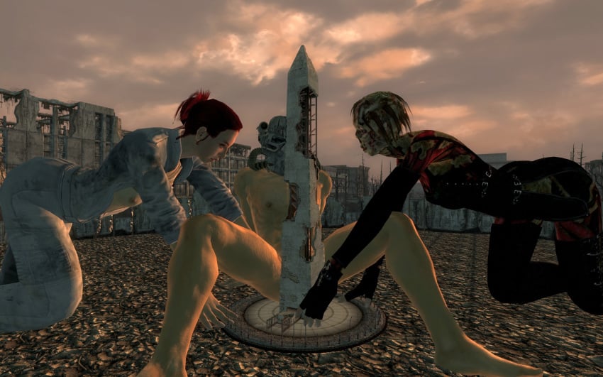 1boy 2girls 3d breasts fallout fallout_3 giant giantess human knight_captain_colvin mod moira_brown tulip